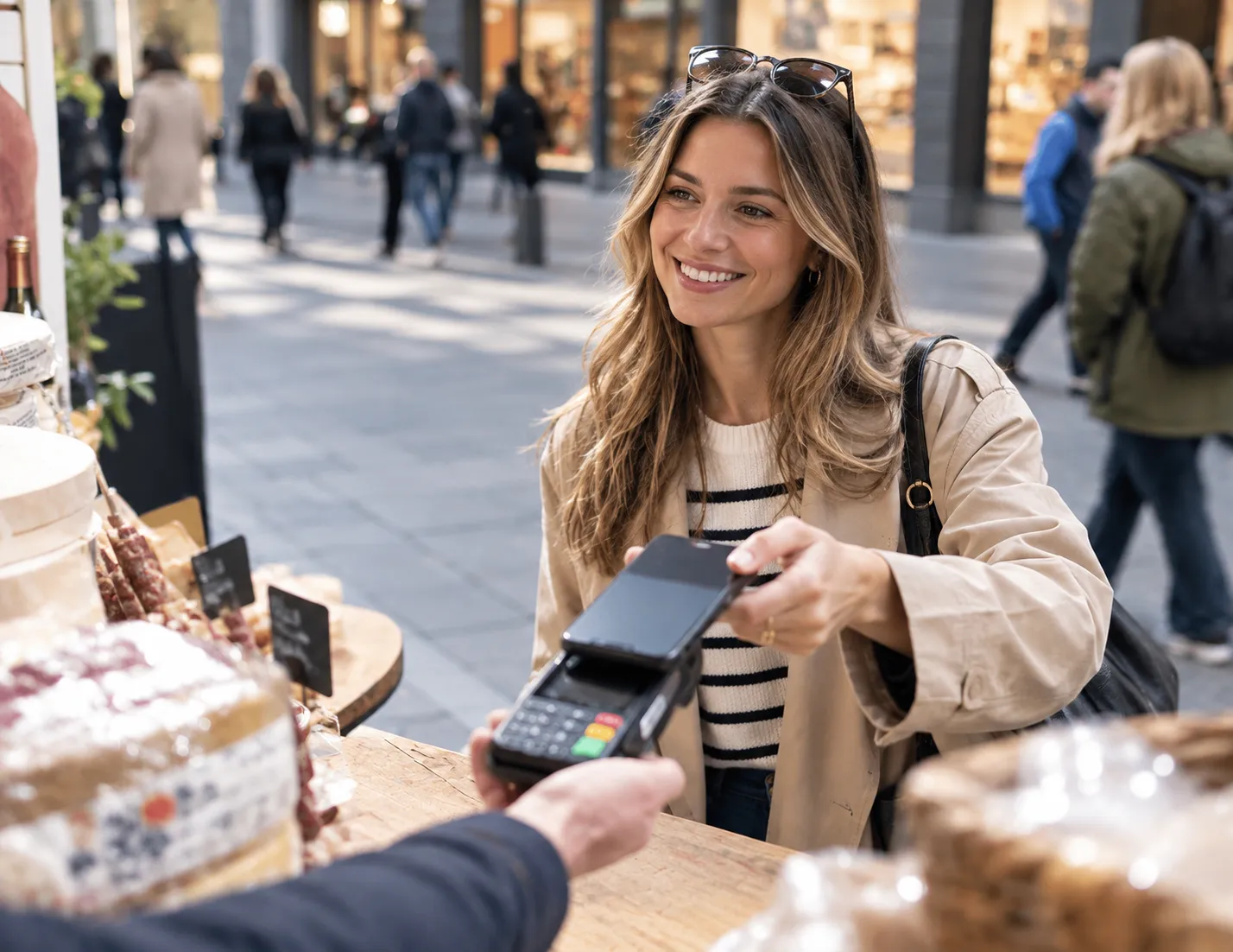 A woman paying with her phone at a market stall